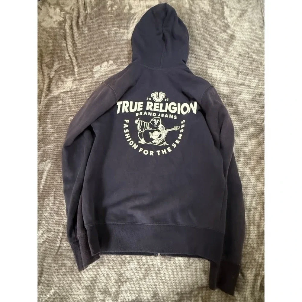 True Religion Mens Navy Blue Horseshoe Logo Full Zip Hoodie Sweatshirt Size S‎